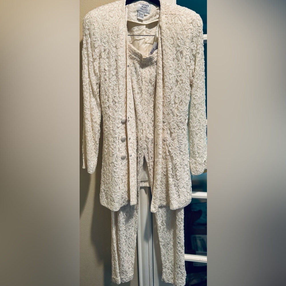 Vintage Carmen Marc Valvo Beaded White Lace Pantsuit Bridal weddings luxury